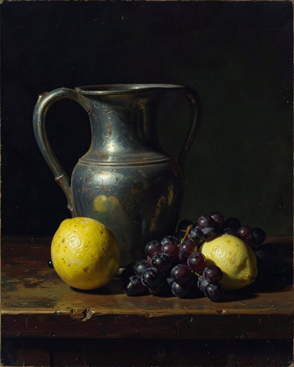Classical oil still life with pewter jug, lemon and grapes
